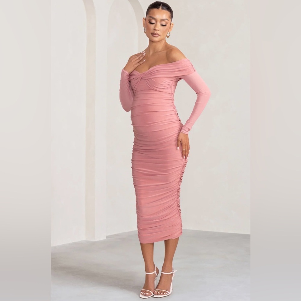 CLUB L LONDON NEVA BLUSH BARDOT TWIST MATERNITY MIDI DRESS